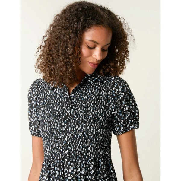 Blue Vanilla Ditsy Floral Puff Sleeve Shirred Dress