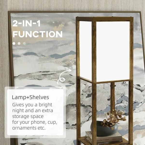 Brown 2-in-1 shelf floor lamp frame with open storage cubbies beside lamp shade