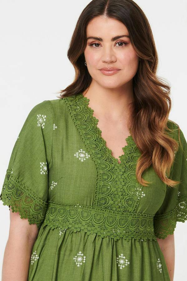 Sage | Border Print Lace 1/2 Sleeve Short Dress