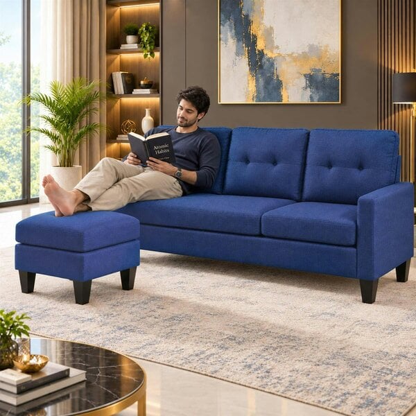 Kosy Koala Corner Sofa Fabric Sectional Sofa with Ottoman L-shaped Blue Sofa Couch