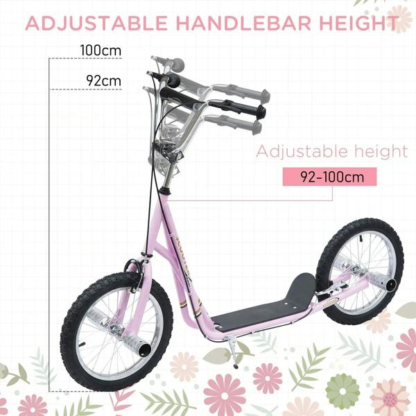 Pink kids stunt scooter with adjustable handlebar height and large black tires