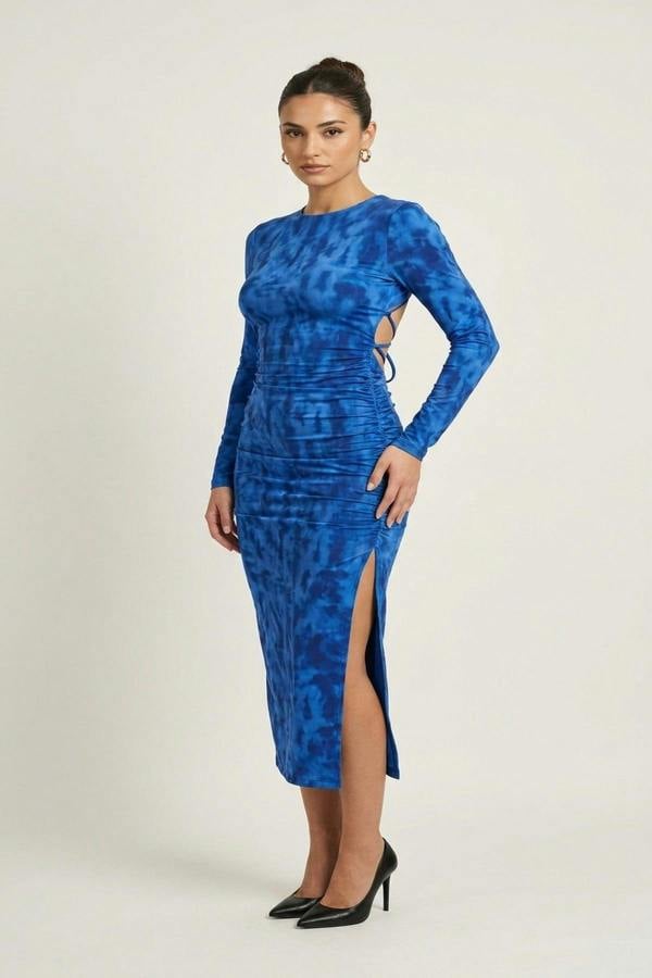 Priscilla Printed Long Sleeve Cross-tied Back Midi Dress - Royal Blue