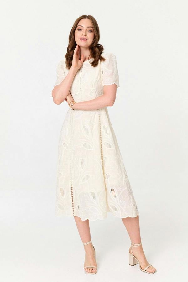 Cream | Lace Textured 1/2 Sleeve Midi Dress