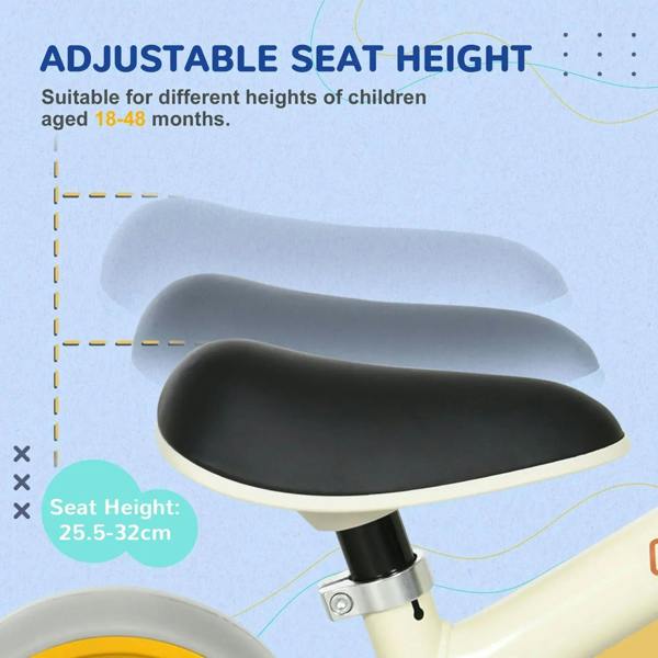 Adjustable seat height on a children's balance bike with a black seat