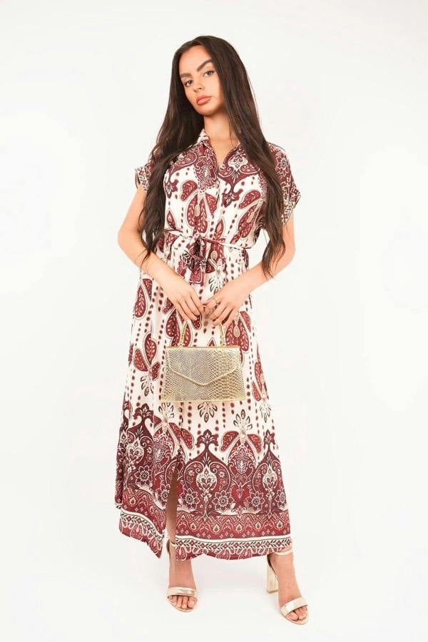 Lianne Collared Short Sleeve Midi Dress With Tie Waist - Red