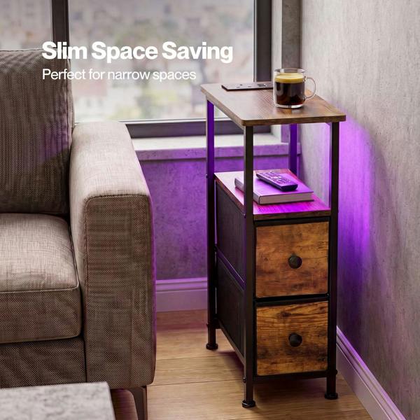 Levede Bedside Table Narrow Side Table with LED Charging Station Storage Brown