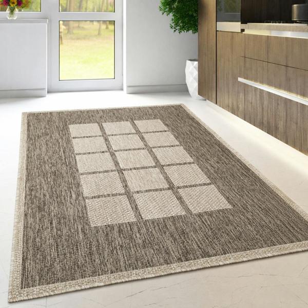Viva Rugs Non-Slip Taupe Brown Beige Rug Checkered Border Design Flat Weave Kitchen Dining Room Living Room Area Mat