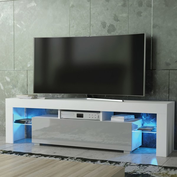 Mex Furniture Chic 160cm TV Unit – Modern TV Stand Cabinet with Grey High Gloss Door and Free LED