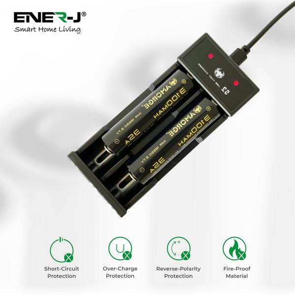 ENER-J USB Dual Battery Fast Charger for Rechargeable 18650 18650 18490 17500 16340 (Li-ion/IMR/INR/ICR) Batteries, 2-Slot Adjustable Charger