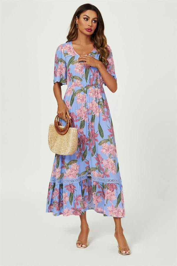 FS Collection Floral Print Lace Detail Maxi Dress In Blue