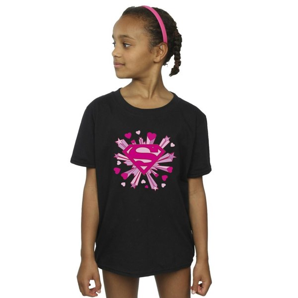 DC Comics Girls Superman Pink Hearts And Stars Logo Cotton T-Shirt - Black