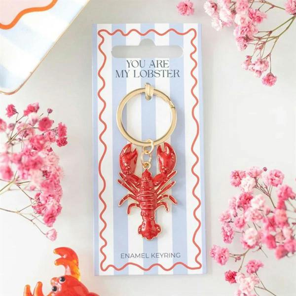 Red enamel lobster keyring with gold round ring and lobster charm