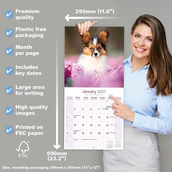 Papillon Calendar 2027, Wall Calendars, Month To View, Dogs, Gift