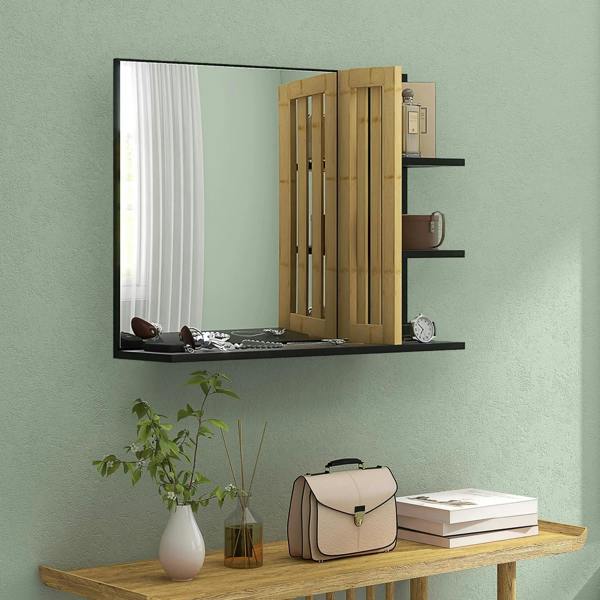 Bathroom mirror with bamboo hinged doors and black shelves, open compartment view