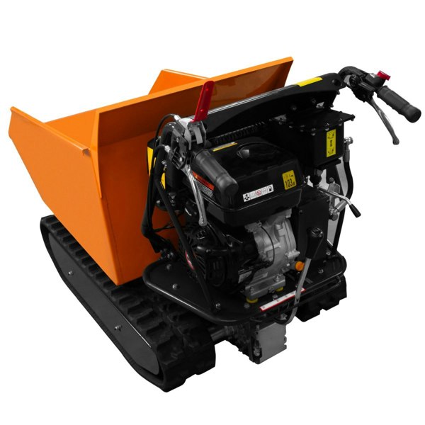 Tracked mini dumper petrol tipper with a bright orange steel bucket, rugged tracks, and a powerful engine for efficient hauling