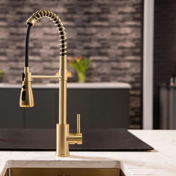 Flode Fjädra | Pull Out Kitchen Sink Mixer Tap | Spring Style Mixer Tap | Brushed Brass | Oval Head