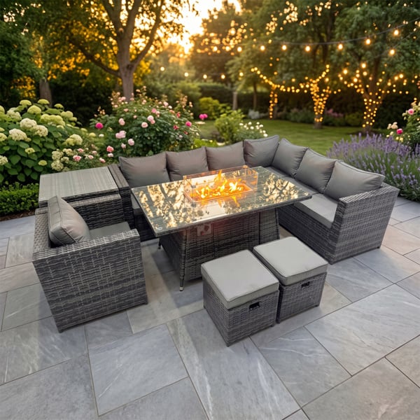 Fimous 8 Seater Rattan Garden Furniture Set with Corner Sofa Chair, Gas Fire Pit Dining Table, 2 Stools & 1 Side Table - Dark Grey