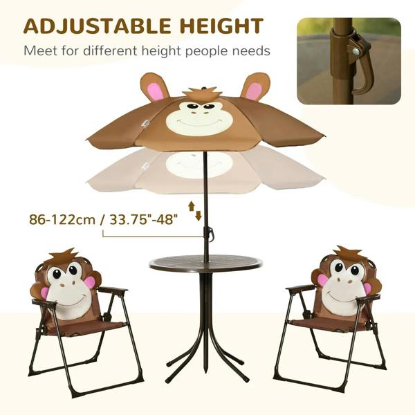 Brown monkey sun umbrella with round table and two folding chairs, adjustable-height pole