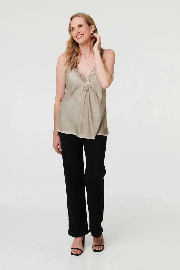 Taupe | Lace Trim Satin Texture Vest Top