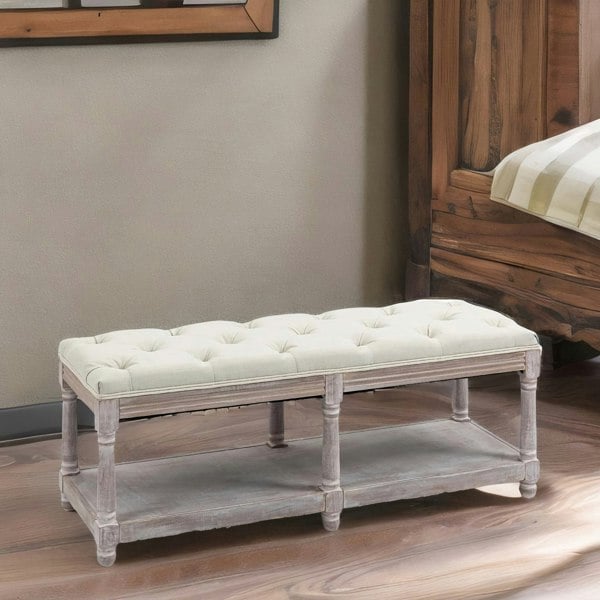 Rafaelo Mobilia Upholstered Wooden Bench Seat With Shelf Cream White