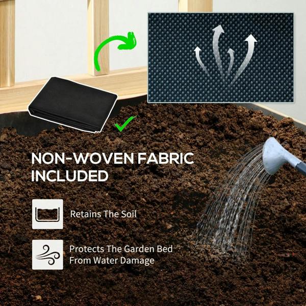 Natural wood raised planter bed with soil inside and non-woven fabric layer