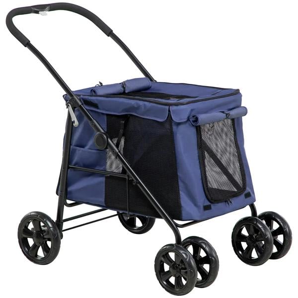 Dark blue 4-wheel dog stroller with canopy and mesh side panels