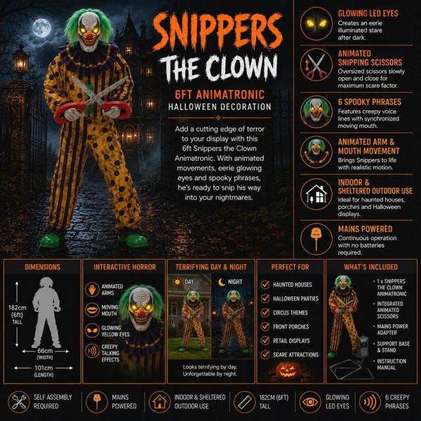 Samuel Alexander 6ft Tall Animated Snippers The Clown Halloween Prop Decoration with LED Eyes