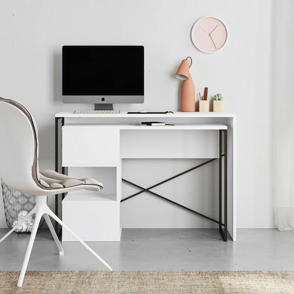Decortie Modern Badau L-Shaped Computer Desk Metal Legs 3 Adjustable Storage Shelf Extra Table 110cm(W) Work PC Office