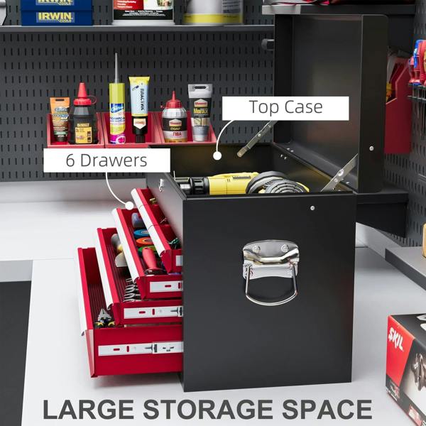 Red steel tool storage chest with open top case and six drawers for tool storage