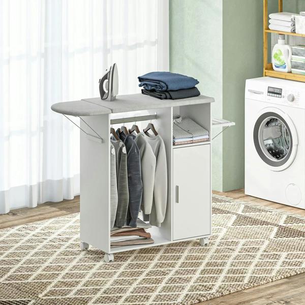 White foldable ironing station with gray top, side shelf, and open hanging storage