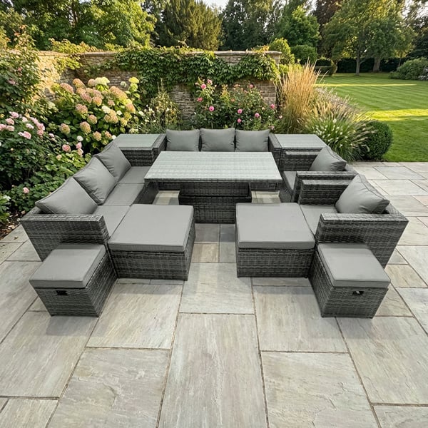 Fimous 12 Seater Rattan Garden Furniture Set with Dining Table, 2 Sofas, 2 Side Tables, 2 Armchairs, 4 Stools - Dark Grey Mixed