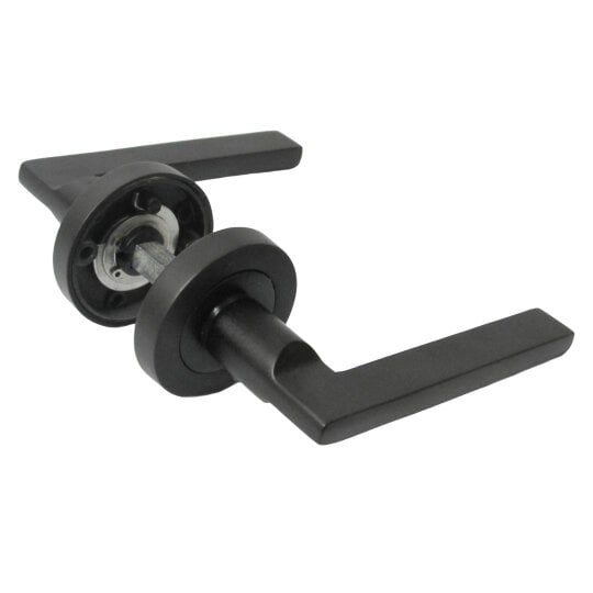 EDH Door Hardware Matt Black Modern Lever on Round Rose Door Handles – Handle Only or Handle + Tubular Latch
