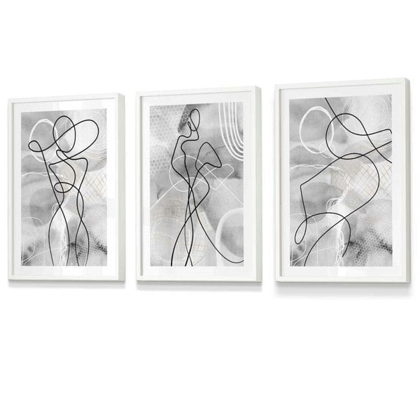 Artze Wall Art Abstract Set of 3 Fashion Line Framed Prints in Black & Grey