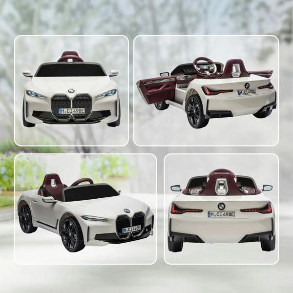 White kids electric ride-on car four-view collage, maroon interior with LED lights.