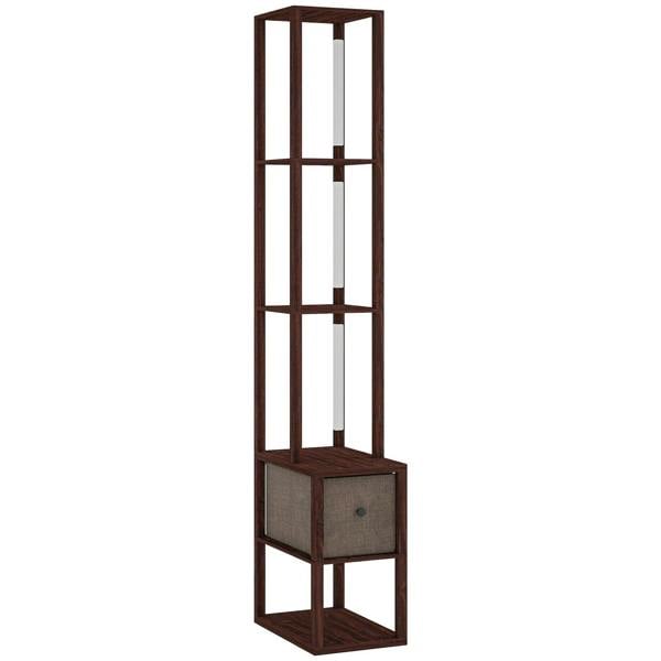 Dark brown standing floor lamp with open shelves and fabric drawer, tall light column.