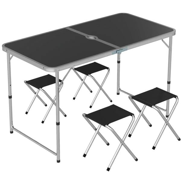 Four-person foldable black aluminium picnic table with four matching foldable stools