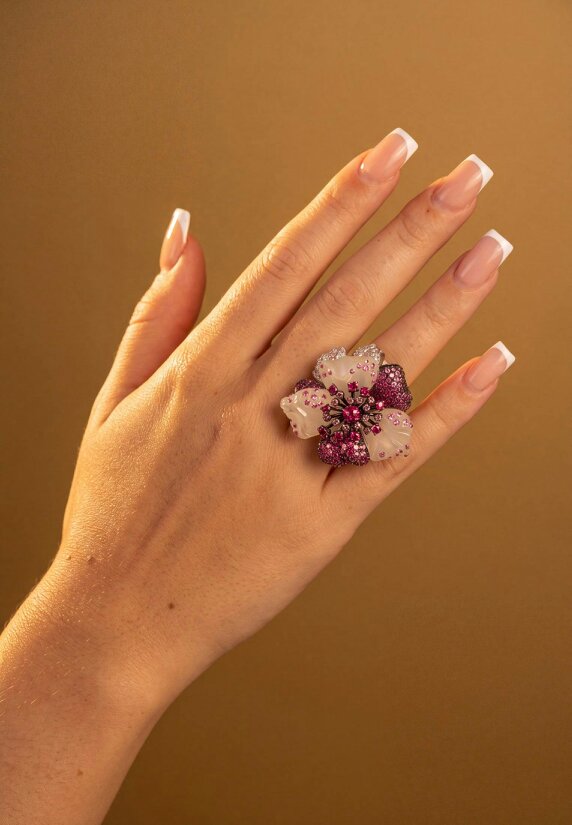 Latelita White Jade Ruby Rose Flower Cocktail Ring Silver