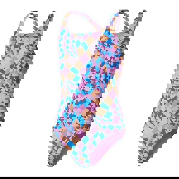 Speedo Girls Allover Medalist swimsuit in pink/blue with multicolored geometric pattern and back cutout