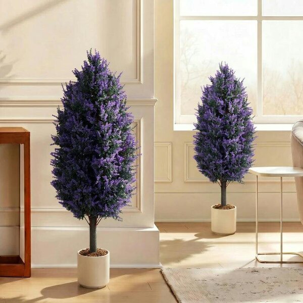 Set of 2 Artificial Lavender Flowers, Indoor Outdoor Fake Plants with Stakes, UV Resistant for Garden, 90 cm, Blue