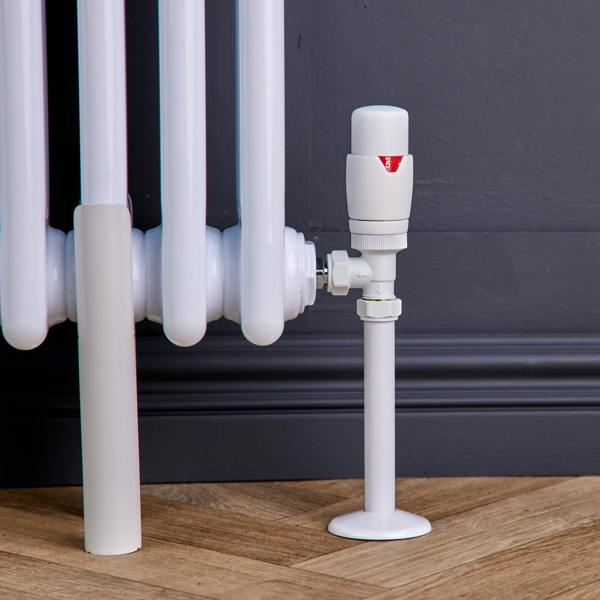 Flode Angled Round Thermostatic TRV & Lockshield | 15mm X 1/2" | Matt White Finish
