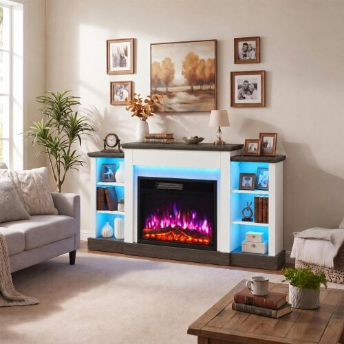 HOMCOM Electric Fireplace TV Stand 138cm, LED Strips, 12 Flame/Ember Colour