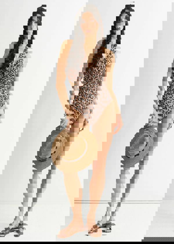 Gini London Brown Animal Print Twisted Cut Out Halter Swimsuit