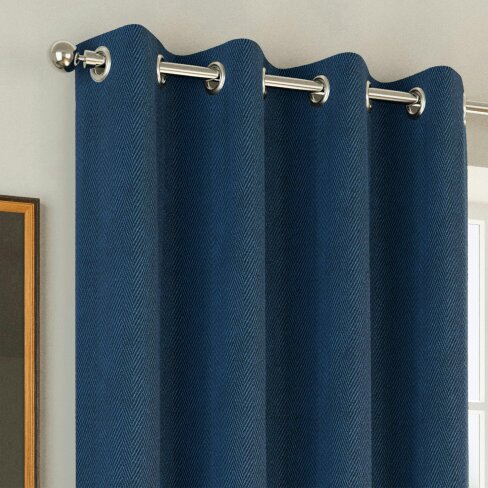 Enhanced Living Navy Herringbone Jacquard Blackout Eyelet Curtains - Bedroom & Living Room