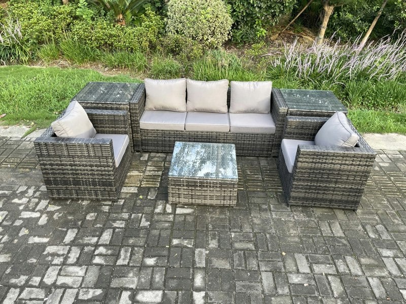 Fimous Wicker 6 Pieces Rattan Garden Furniture Sofa Set with Armchair 2 Side Tables Square Coffee Table Dark Grey Mixed