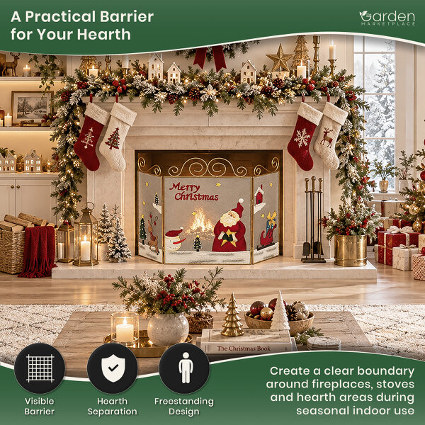 Merry Christmas Metal Fire Guard with Santa, Large 3 Panel Hinged Steel Fireplace Screen, Decorative Safety Guard or Cover, 98cm Wide x 69cm Tall