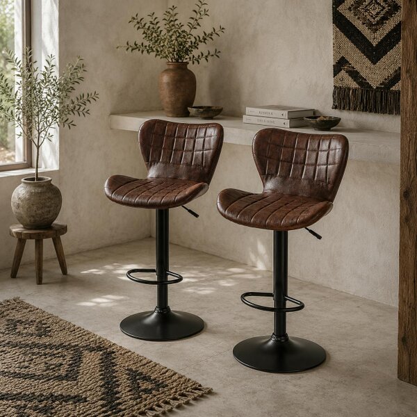 Wyld Haus Setora Set Of 2 Faux Leather Brown Adjustable Bar Chairs With Backrest And Footrest