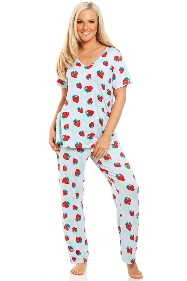 Camille Womens Blue Strawberry Spandex Full Length Pyjama Set