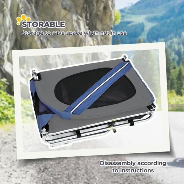 Blue and gray folding pet bike trailer stored compactly with mesh front window.