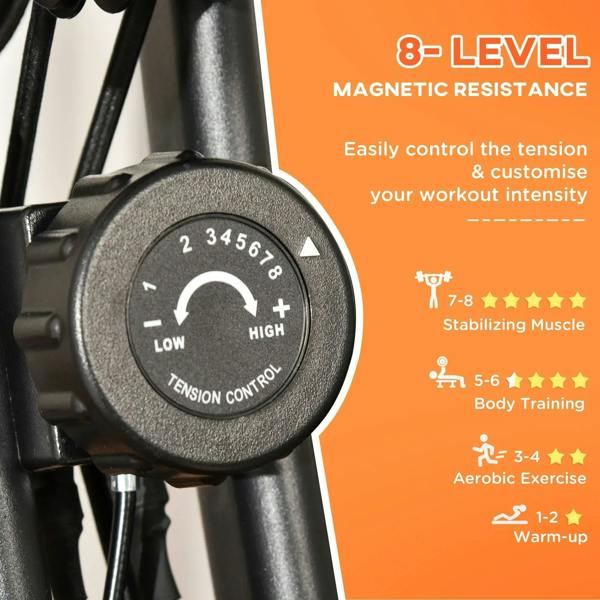 Close-up of 8-level magnetic resistance dial on exercise bike with numbered tension settings