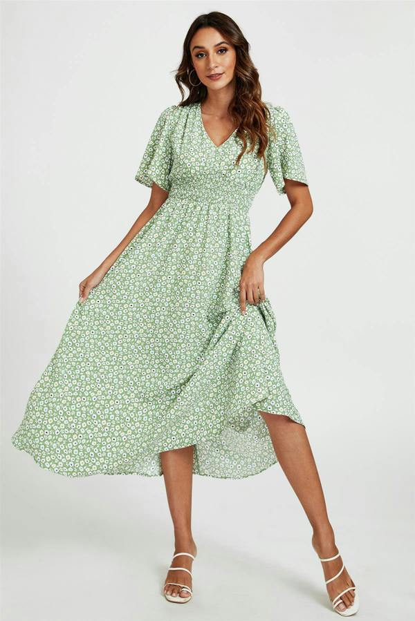 FS Collection Multi Floral Print V Neck Midi Dress In Green